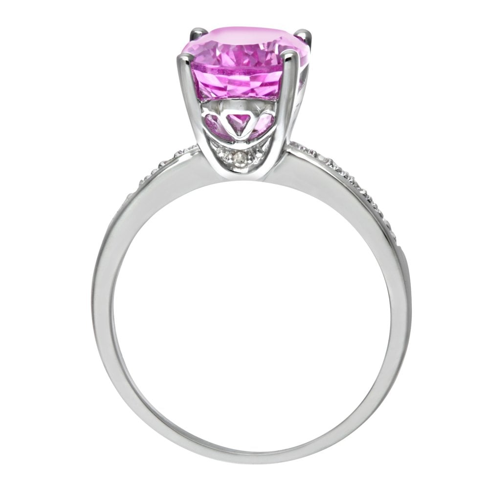 SPARKLD 9ct White Gold Single Stone Pink Sapphire with Diamond Collette and Shoulders Ladies Ring