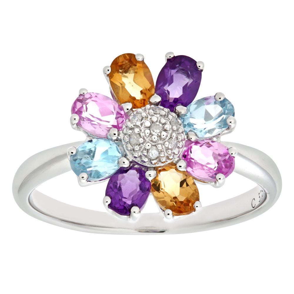 SPARKLD 9ct White Gold Ladies Diamond, Citrine, Amethyst, Blue and Pink Topaz Ring