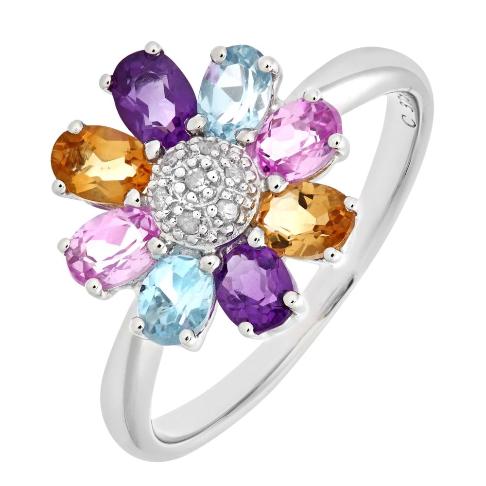 SPARKLD 9ct White Gold Ladies Diamond, Citrine, Amethyst, Blue and Pink Topaz Ring