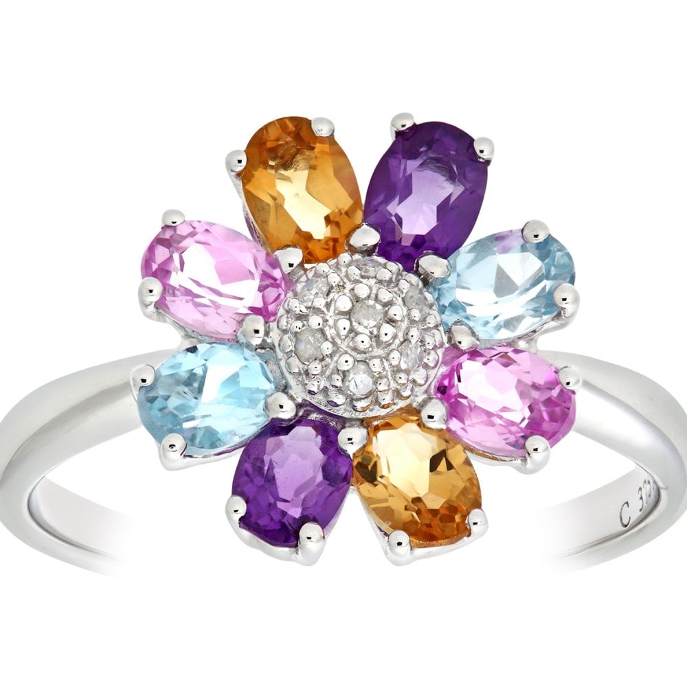 SPARKLD 9ct White Gold Ladies Diamond, Citrine, Amethyst, Blue and Pink Topaz Ring