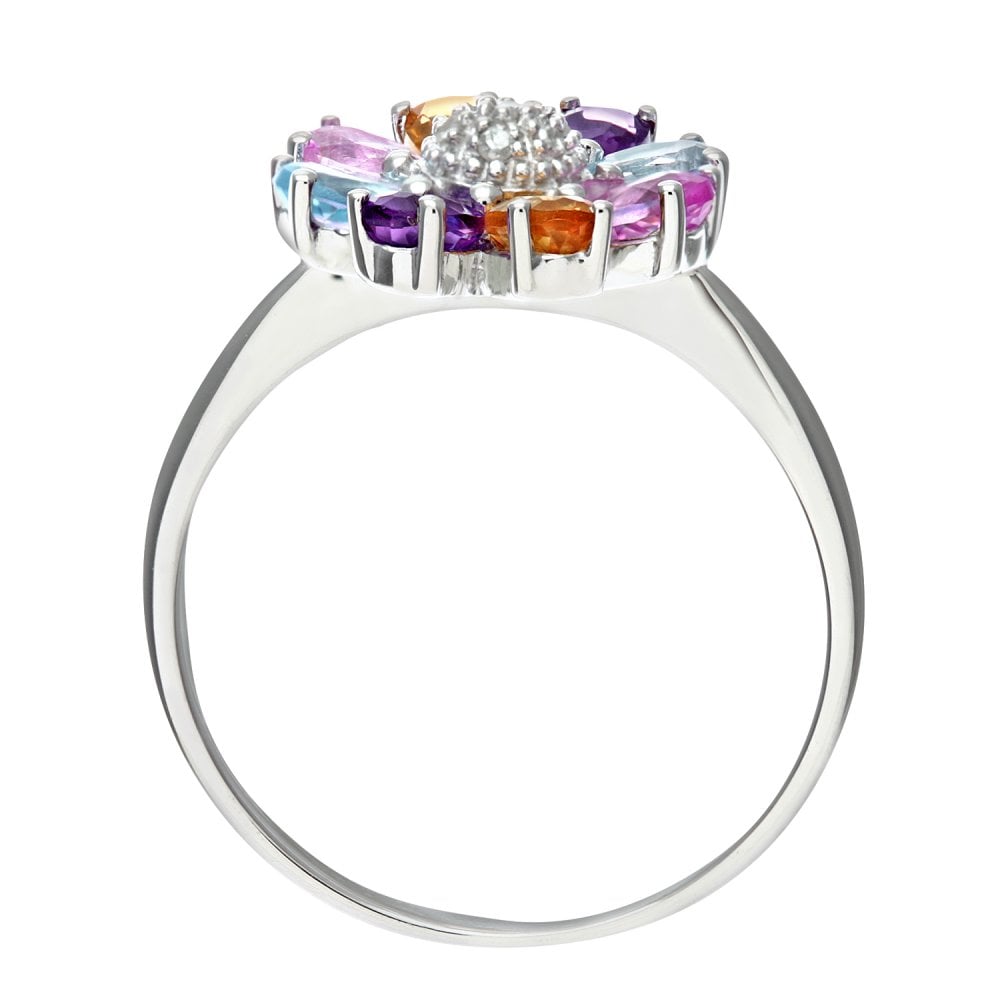 SPARKLD 9ct White Gold Ladies Diamond, Citrine, Amethyst, Blue and Pink Topaz Ring