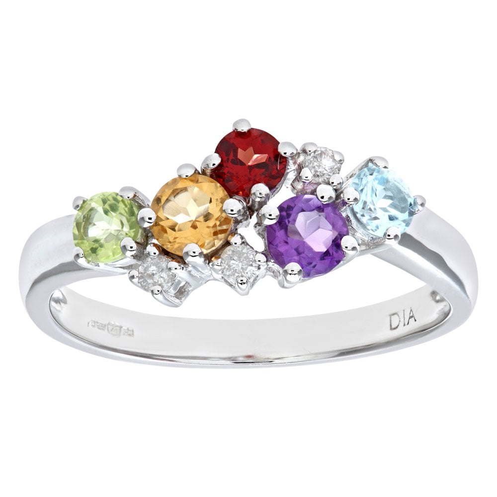 SPARKLD Ladies 9ct White Gold Diamond and Multi Gem Stone Dress Ring