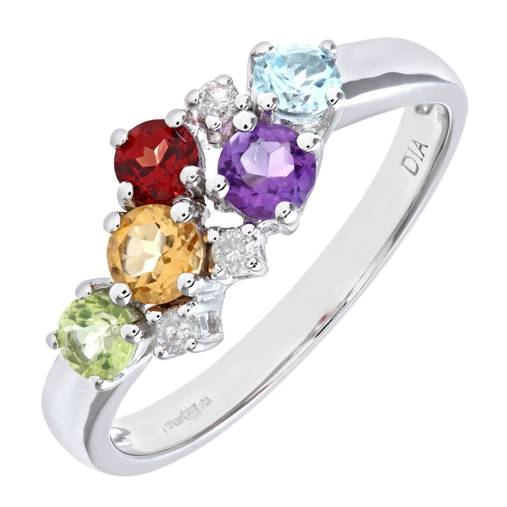 SPARKLD Ladies 9ct White Gold Diamond and Multi Gem Stone Dress Ring