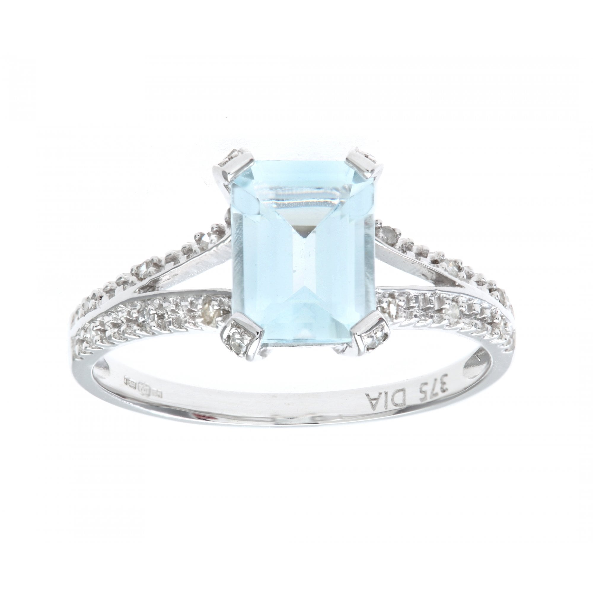 SPARKLD 9ct White Gold Emerald Cut Aquamarine Ring With Diamond Shoulders