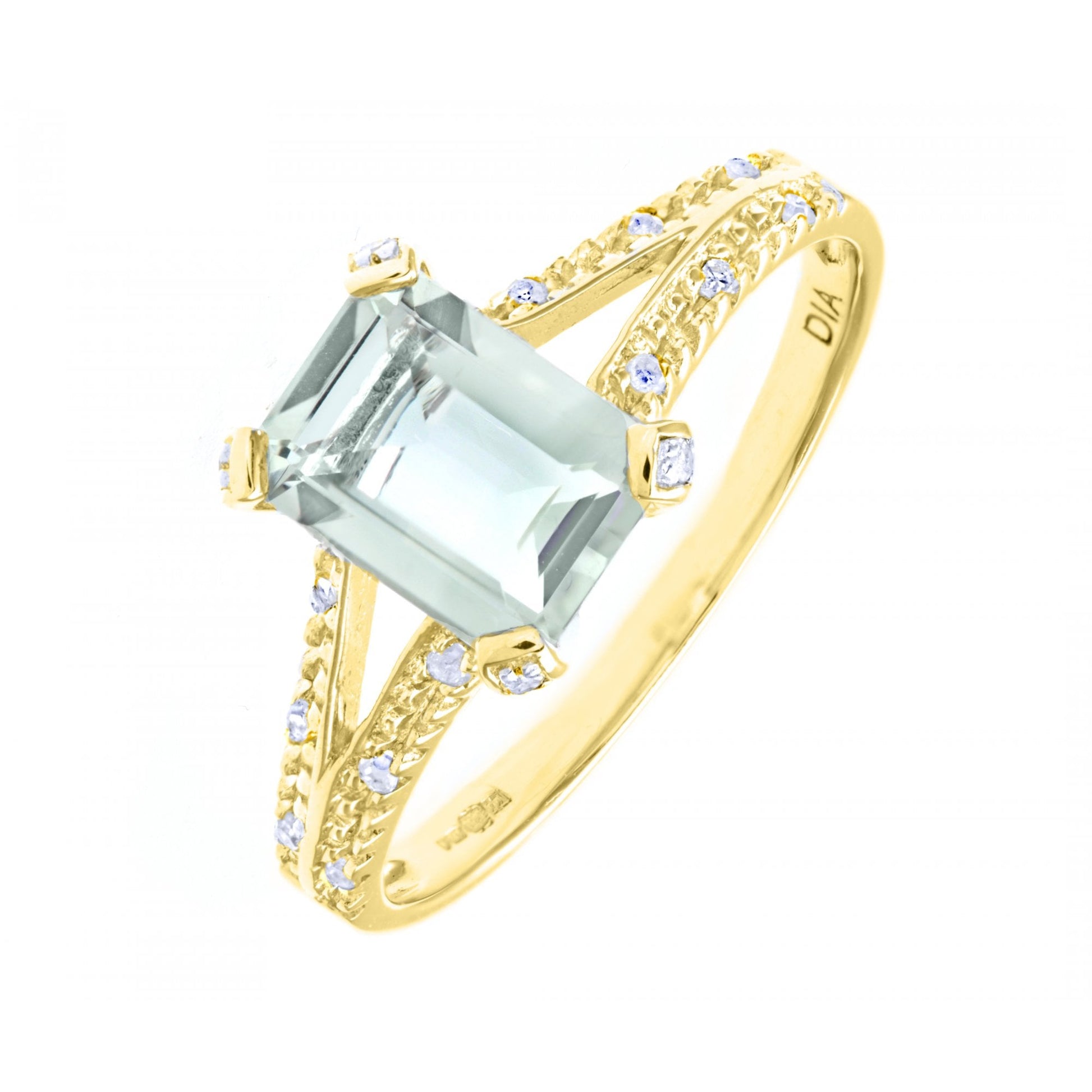 SPARKLD 9ct Yellow Gold Emerald Cut Green Amethyst Ring With Diamond Shoulders