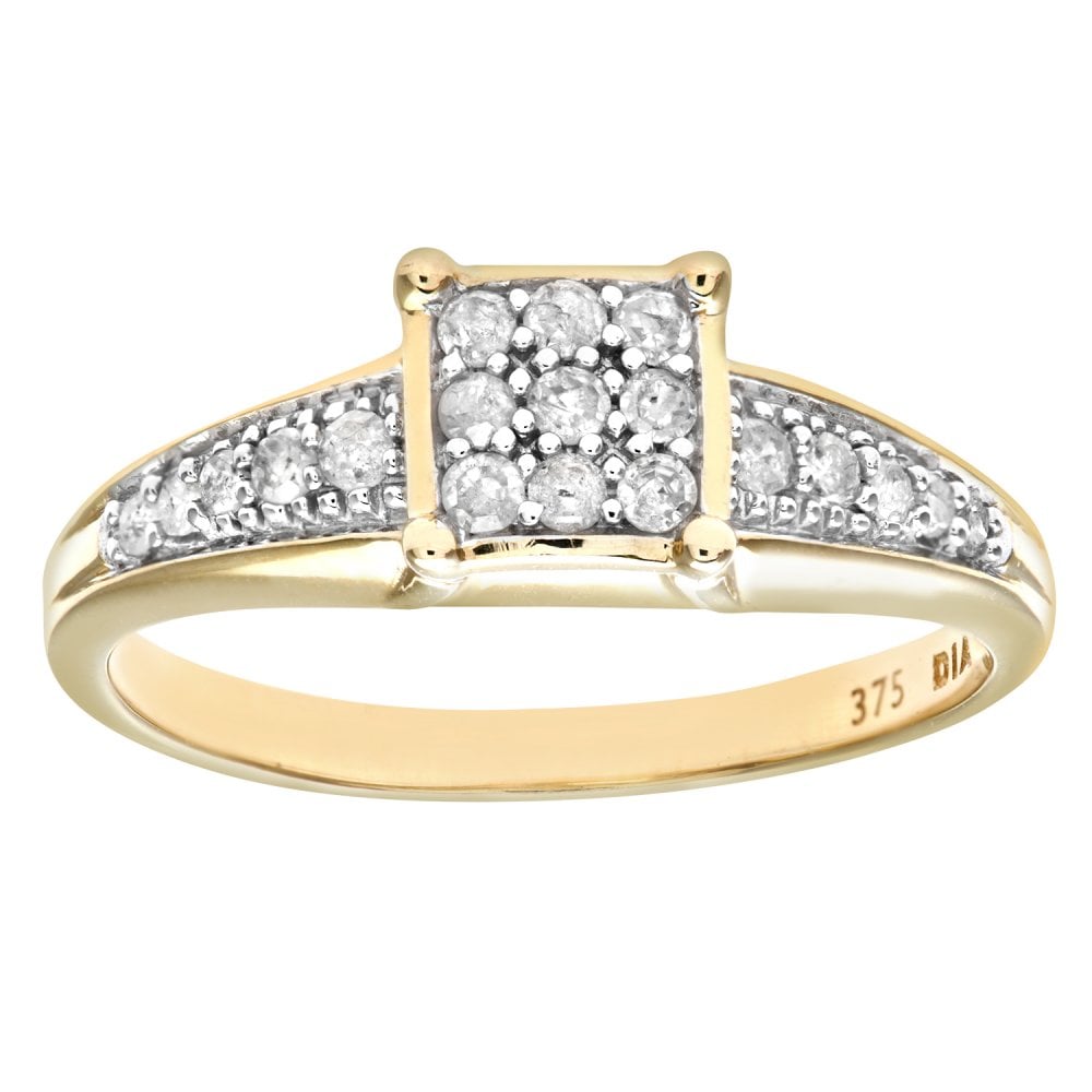 SPARKLD Diamond Set Shoulders and 9 ct Yellow Gold Square Design Ring
