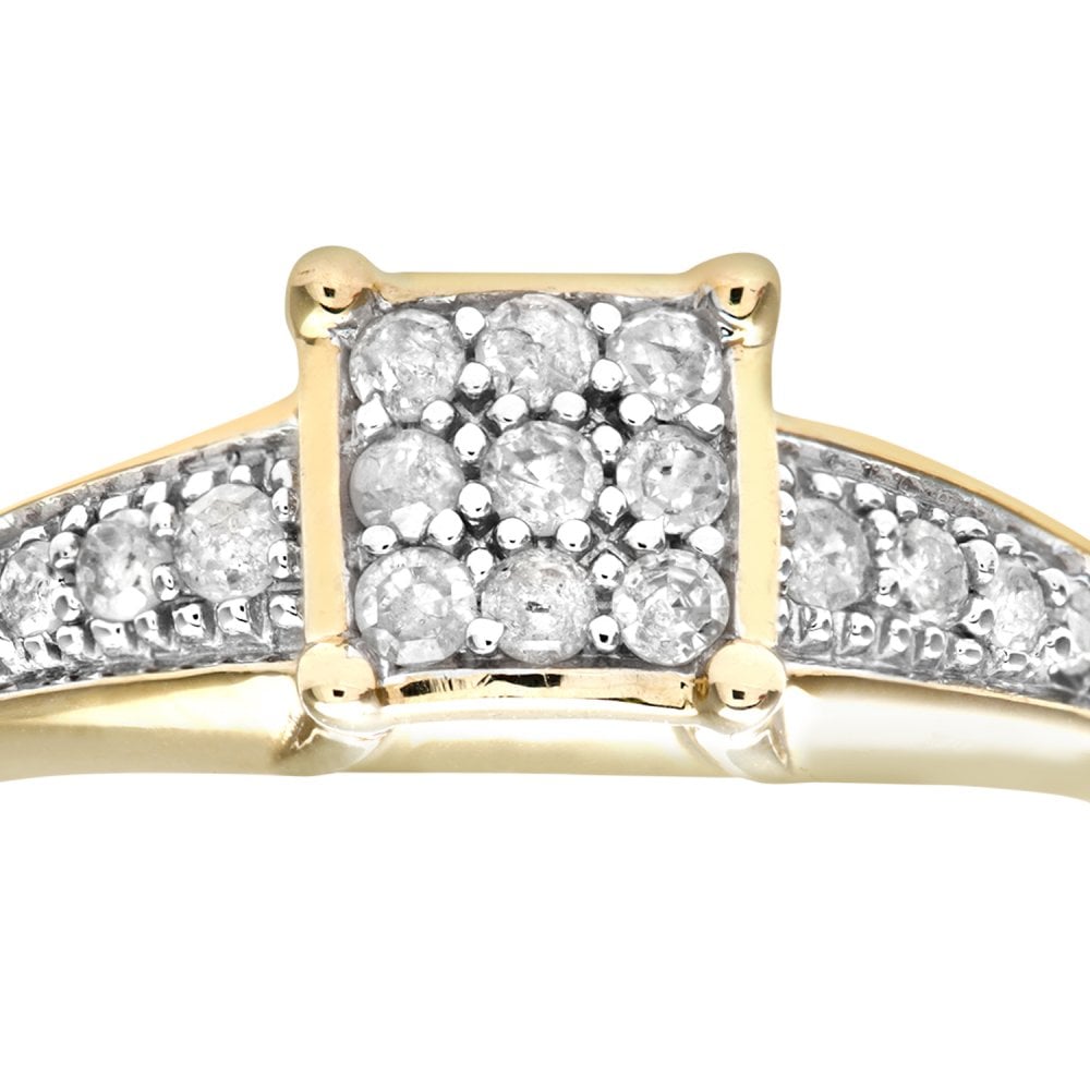 SPARKLD Diamond Set Shoulders and 9 ct Yellow Gold Square Design Ring