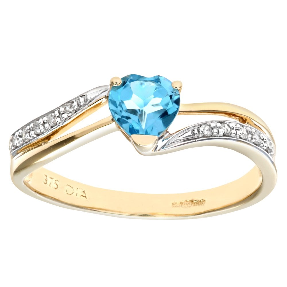 SPARKLD Ladies 9ct Yellow Gold Diamond and Heart Blue Topaz Ring