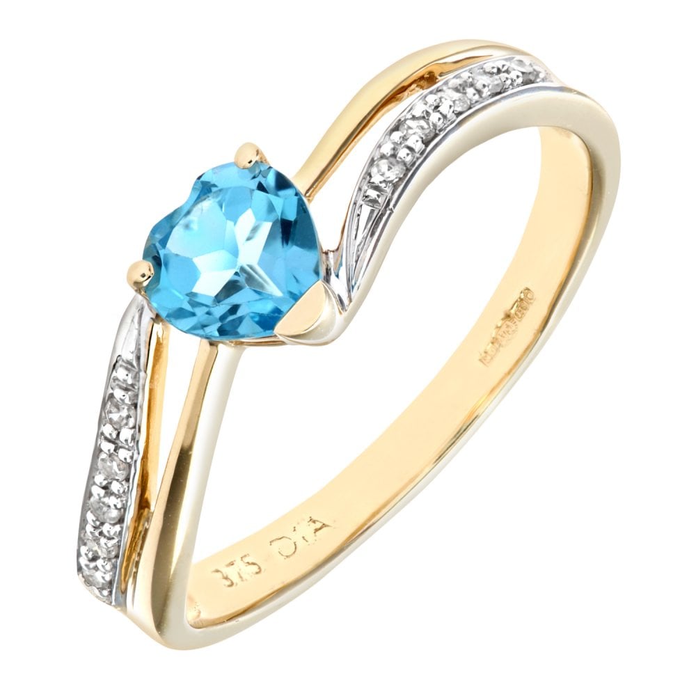 SPARKLD Ladies 9ct Yellow Gold Diamond and Heart Blue Topaz Ring