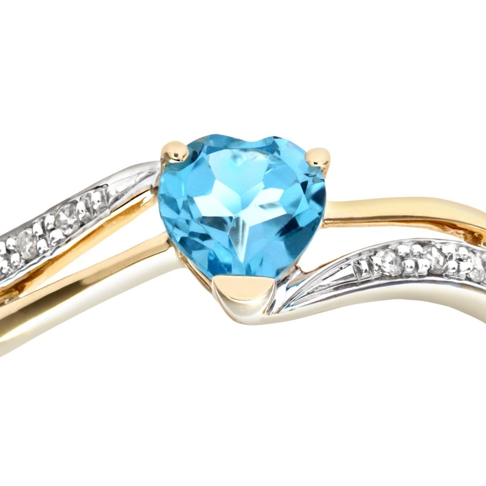 SPARKLD Ladies 9ct Yellow Gold Diamond and Heart Blue Topaz Ring