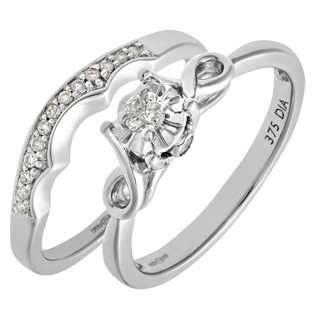 SPARKLD 9ct White Gold 0.15ct Diamond Bridal Set Bow Ring
