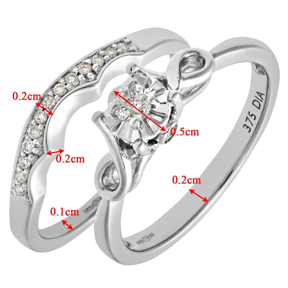 SPARKLD 9ct White Gold 0.15ct Diamond Bridal Set Bow Ring