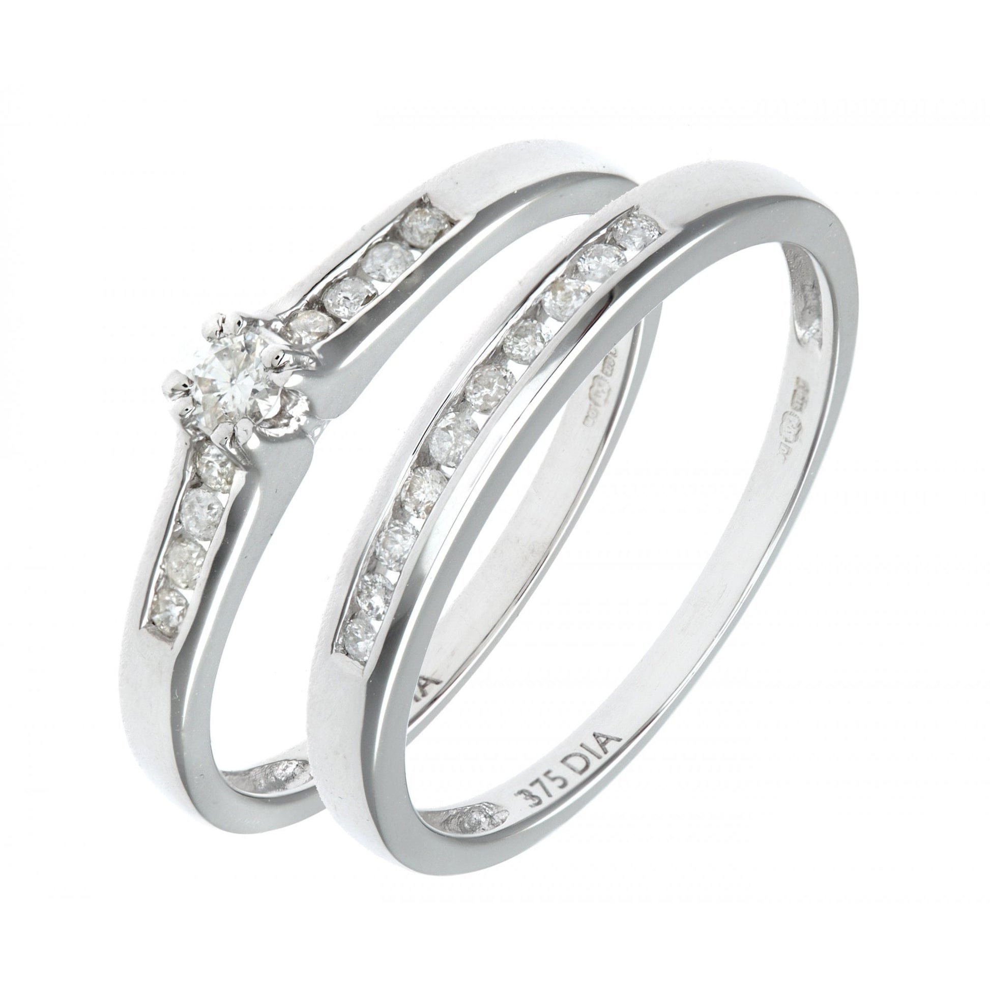 SPARKLD 9ct White Gold Channel Set 0.25ct Princess Cut Diamond Bridal Set Ring