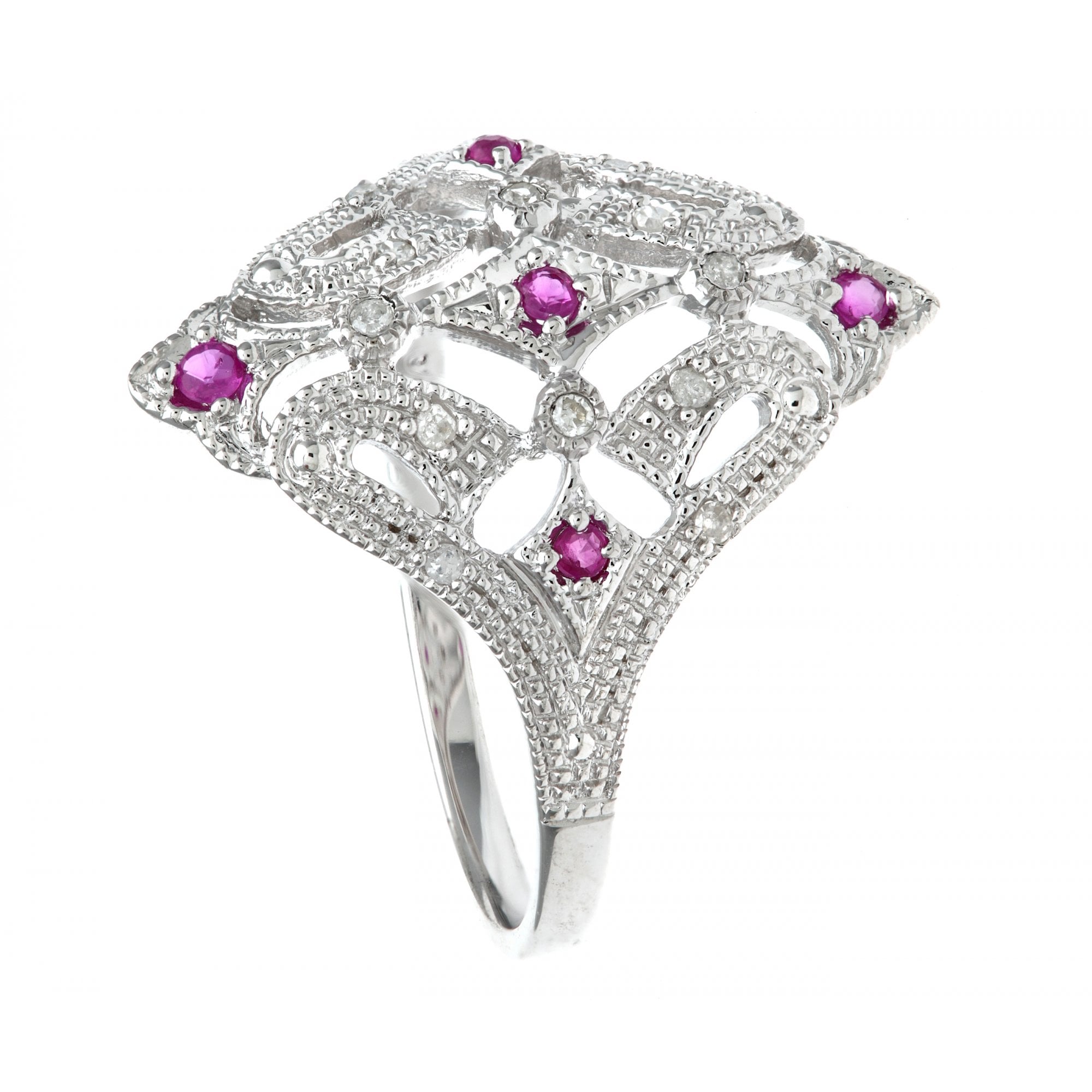 SPARKLD 9ct White Gold Ruby And Diamond Filigree Ring