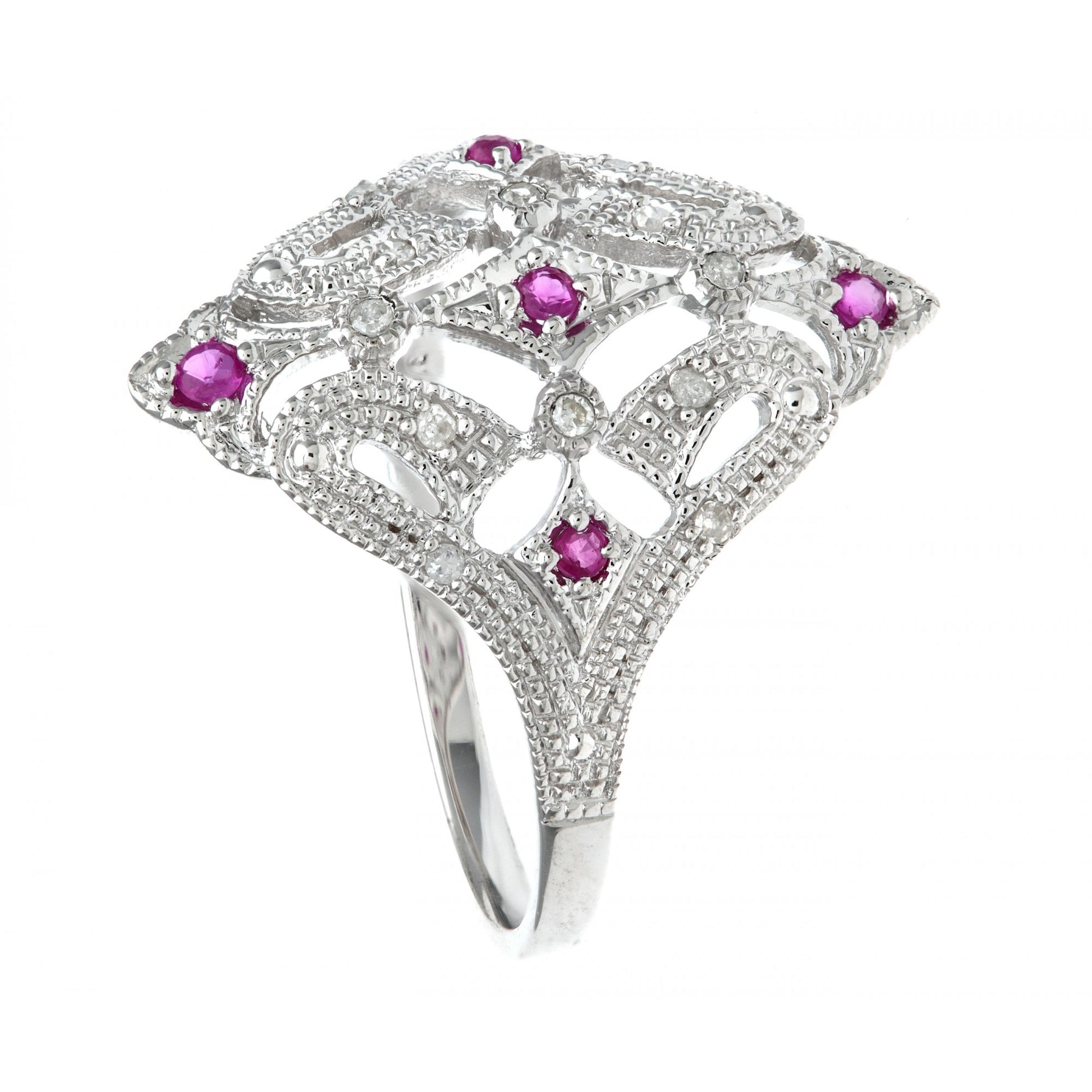 SPARKLD 9ct White Gold Ruby And Diamond Filigree Ring