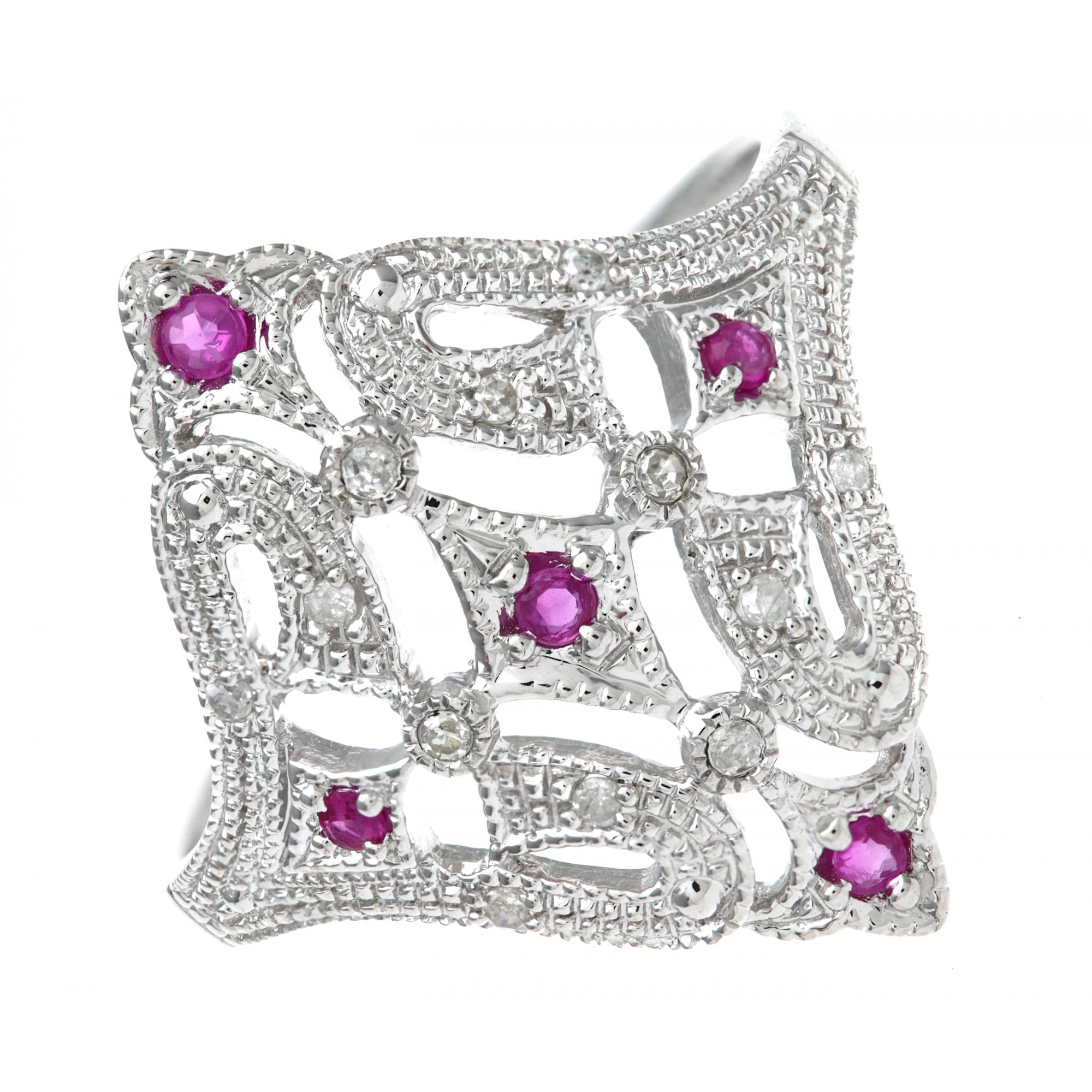 SPARKLD 9ct White Gold Ruby And Diamond Filigree Ring