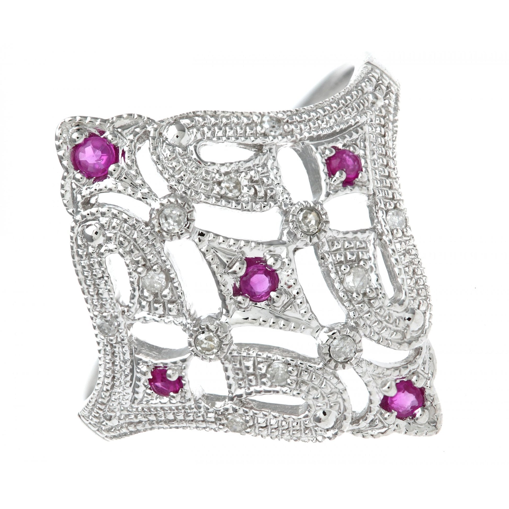 SPARKLD 9ct White Gold Ruby And Diamond Filigree Ring
