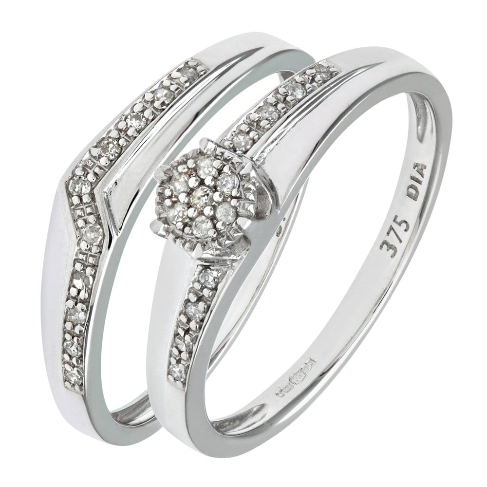 SPARKLD 9ct White Gold 0.12ct Diamond Wishbone Bridal Set Crossover Ring