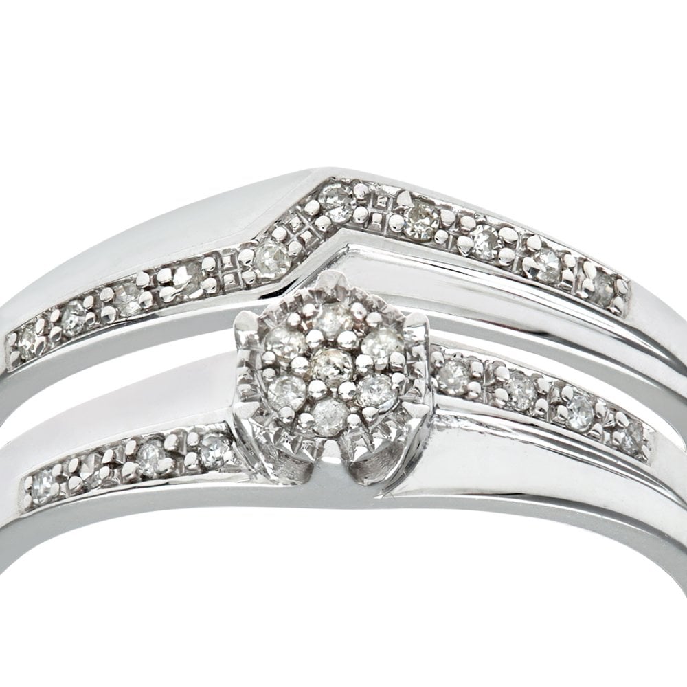SPARKLD 9ct White Gold 0.12ct Diamond Wishbone Bridal Set Crossover Ring