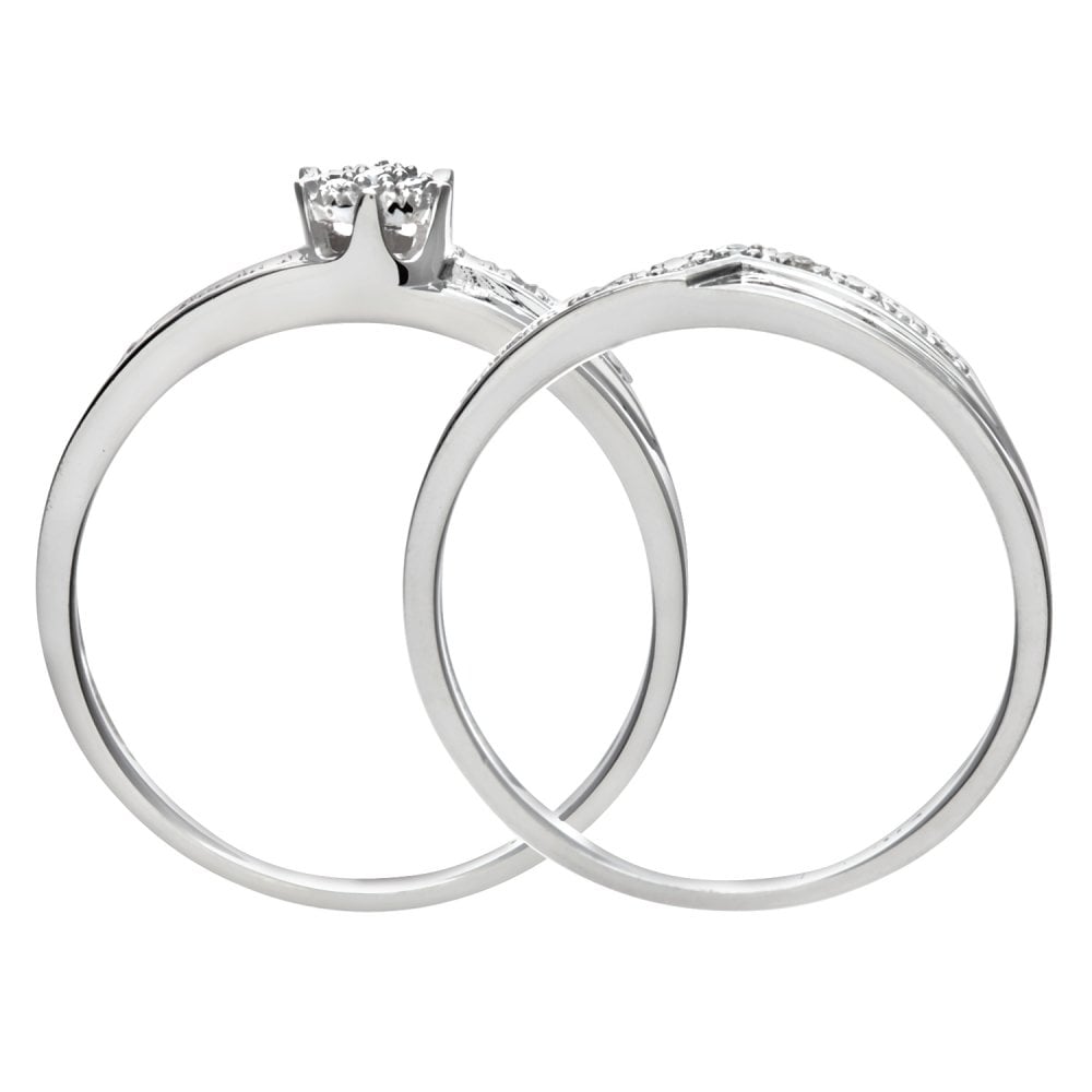 SPARKLD 9ct White Gold 0.12ct Diamond Wishbone Bridal Set Crossover Ring
