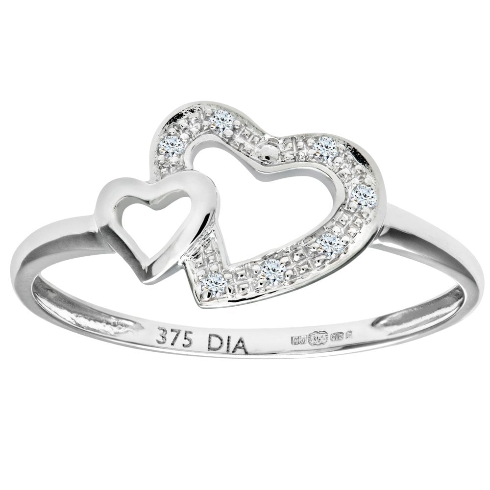 SPARKLD 9ct White Gold Pave Set Diamond Heart In Heart Ring