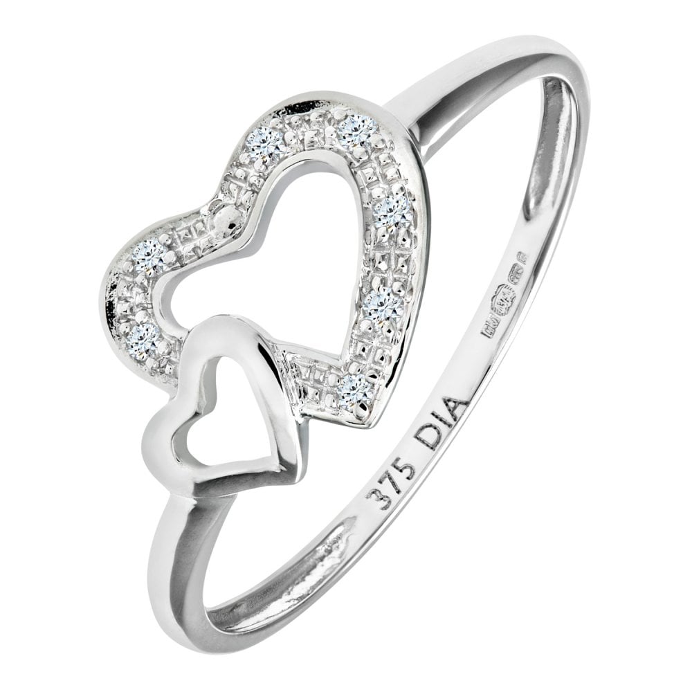 SPARKLD 9ct White Gold Pave Set Diamond Heart In Heart Ring