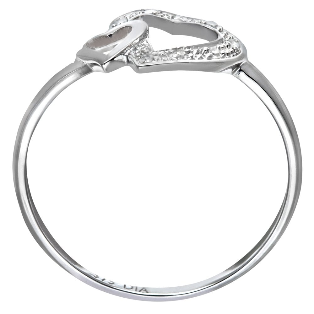 SPARKLD 9ct White Gold Pave Set Diamond Heart In Heart Ring
