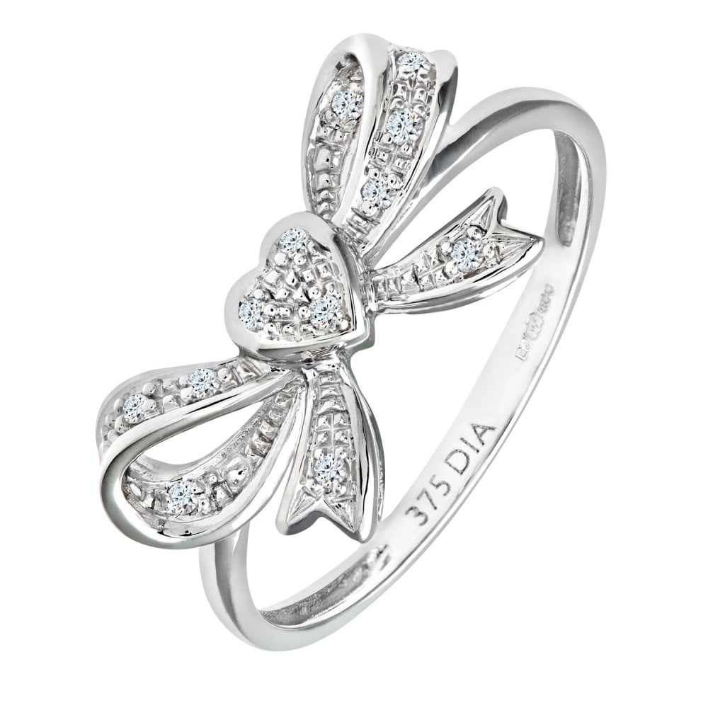 SPARKLD 9ct White Gold Diamond Heart Bow Tie Ring