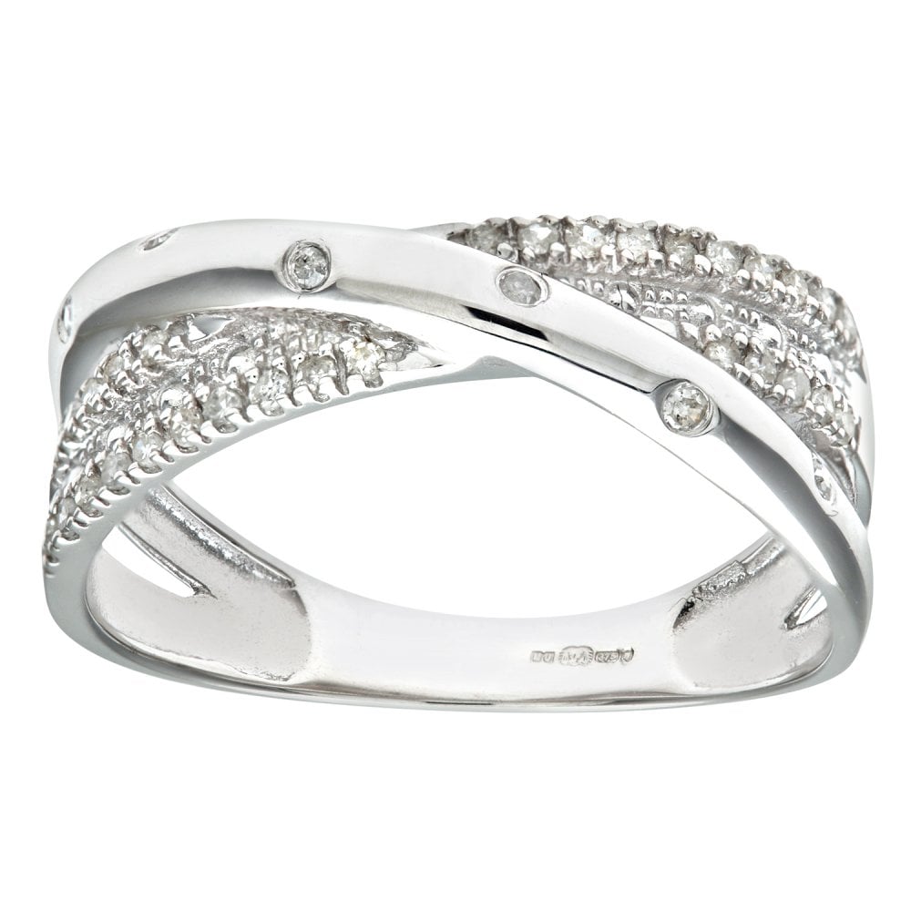 SPARKLD 9ct White Gold 0.15ct Triple Row Diamond Crossover Ring