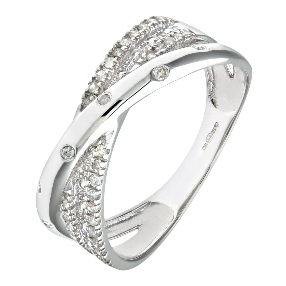 SPARKLD 9ct White Gold 0.15ct Triple Row Diamond Crossover Ring