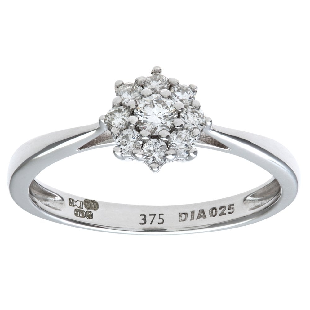 SPARKLD Round Brilliant 0.25ct I/I1 Certified Diamonds 9ct White Gold Cluster Ring