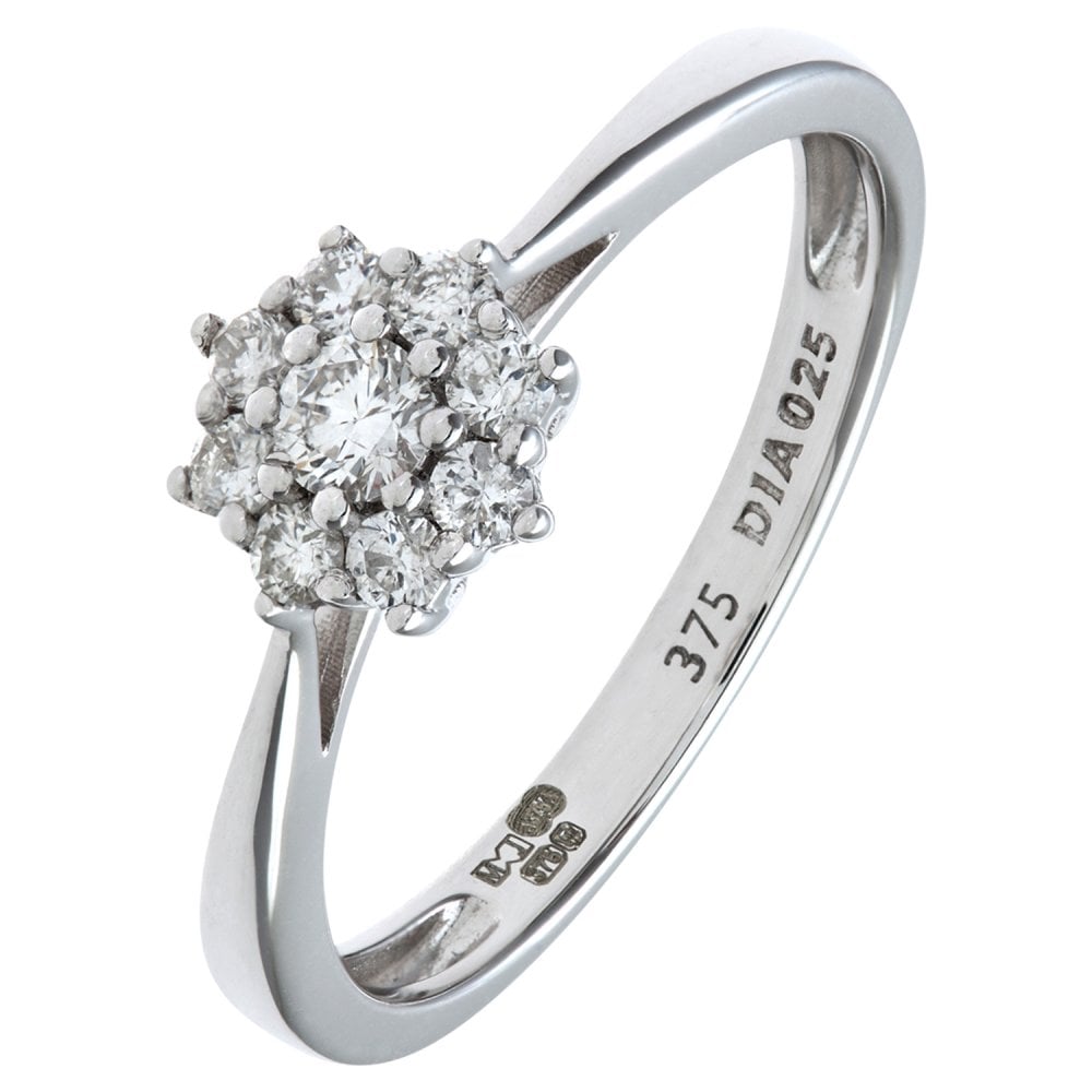 SPARKLD Round Brilliant 0.25ct I/I1 Certified Diamonds 9ct White Gold Cluster Ring