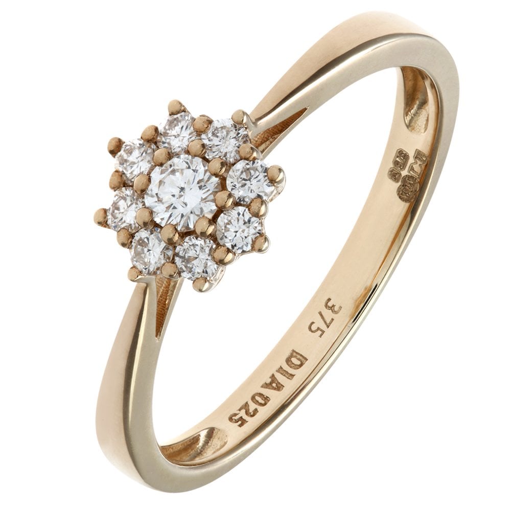 SPARKLD Round Brilliant 0.25ct I/I1 Certified Diamonds 9ct Yellow Gold Cluster Ring
