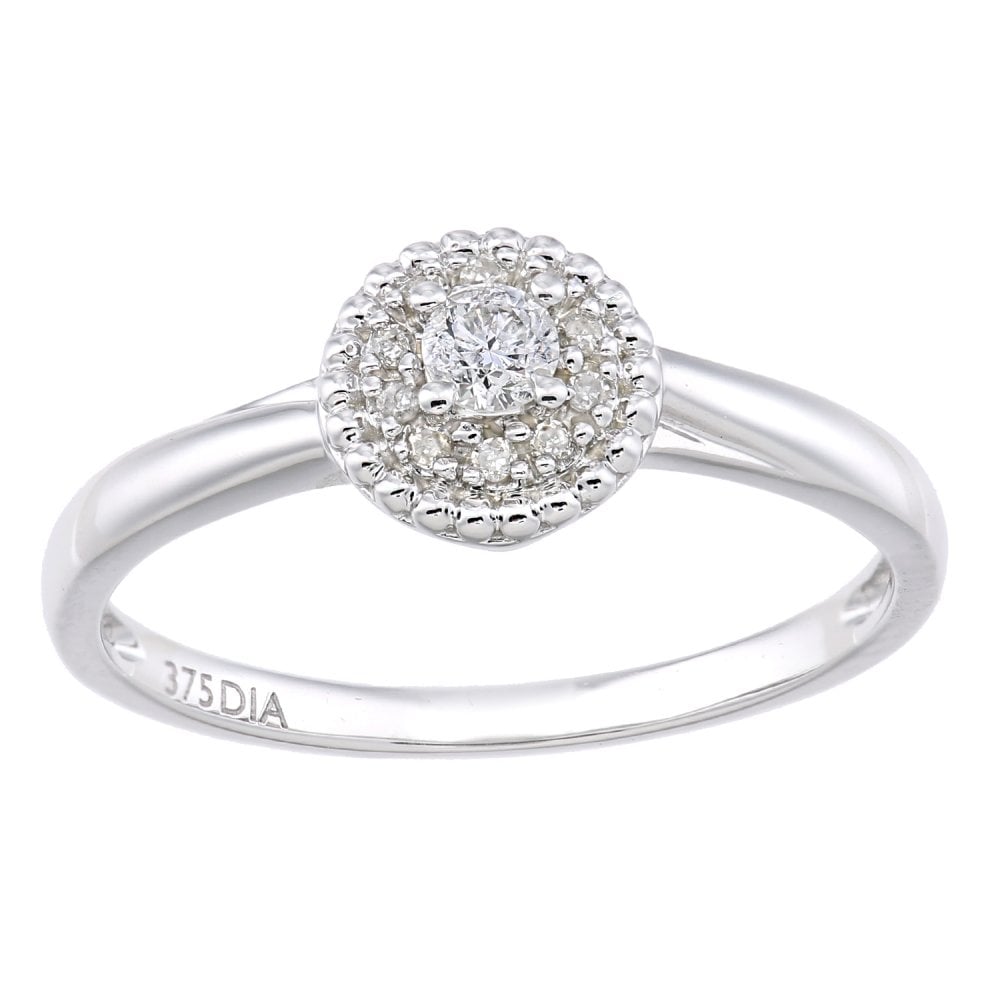 SPARKLD 9ct White Gold Round Halo Diamond Solitaire Engagement Ring