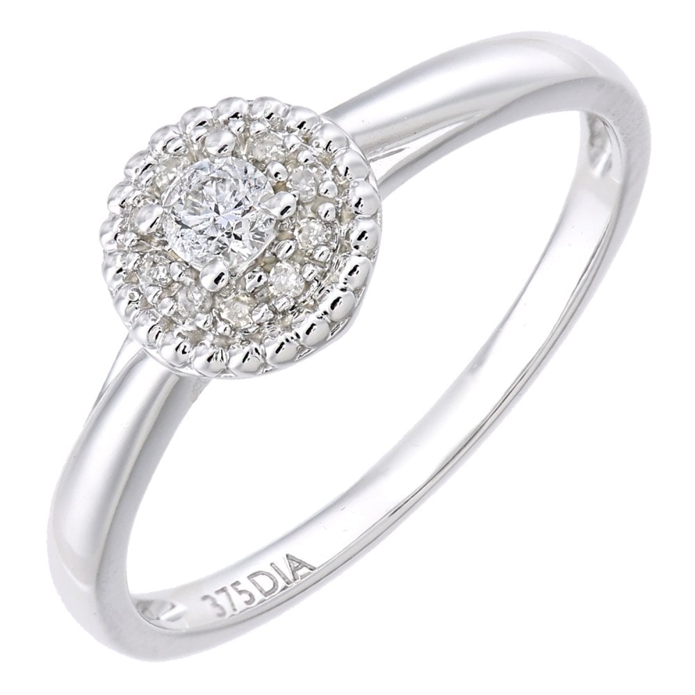 SPARKLD 9ct White Gold Round Halo Diamond Solitaire Engagement Ring
