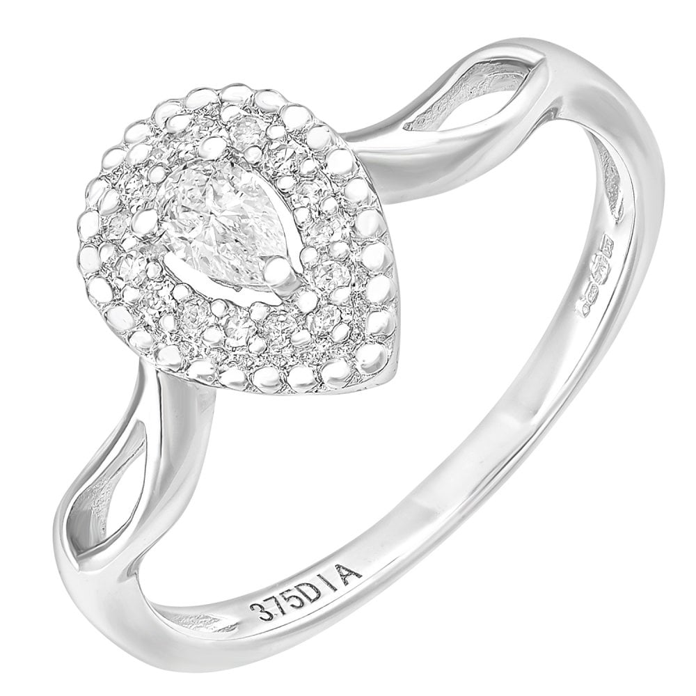 SPARKLD 9ct White Gold Teardrop 0.25ct Halo Diamond Solitaire Engagement Ring