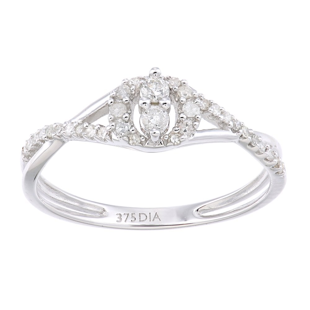 SPARKLD 9ct White Gold Women Round Diamond Engagement Halo Ring