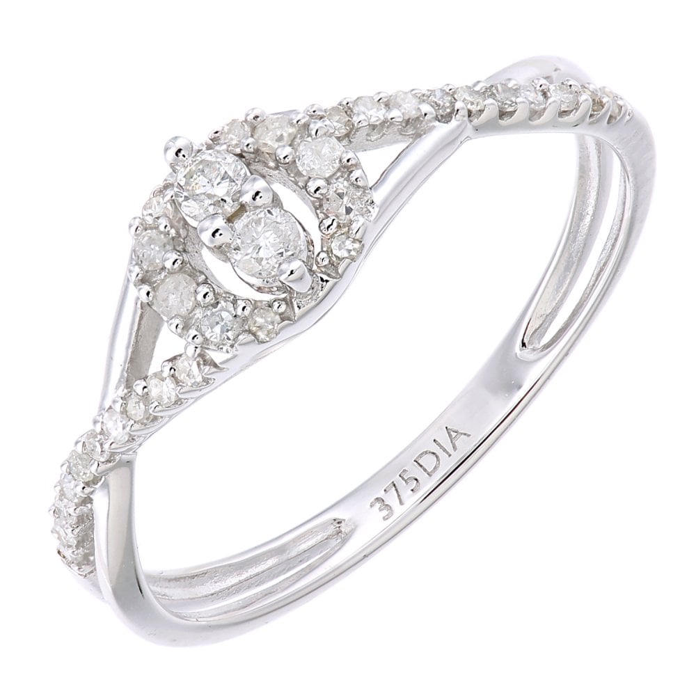 SPARKLD 9ct White Gold Women Round Diamond Engagement Halo Ring