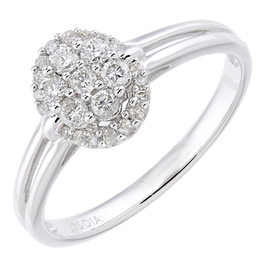 SPARKLD  9ct White Gold Women Round Diamond Engagement Halo Ring