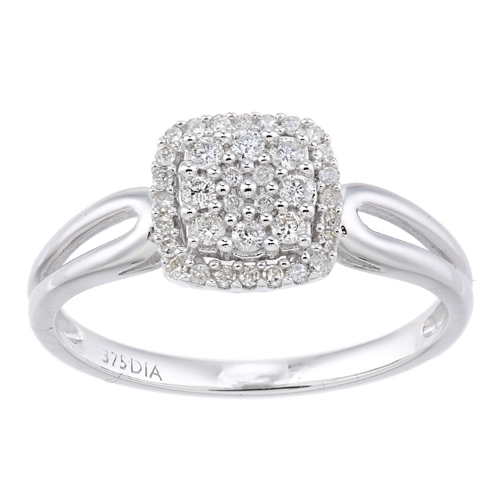 SPARKLD  9ct White Gold Women Round Diamond Engagement Halo Ring