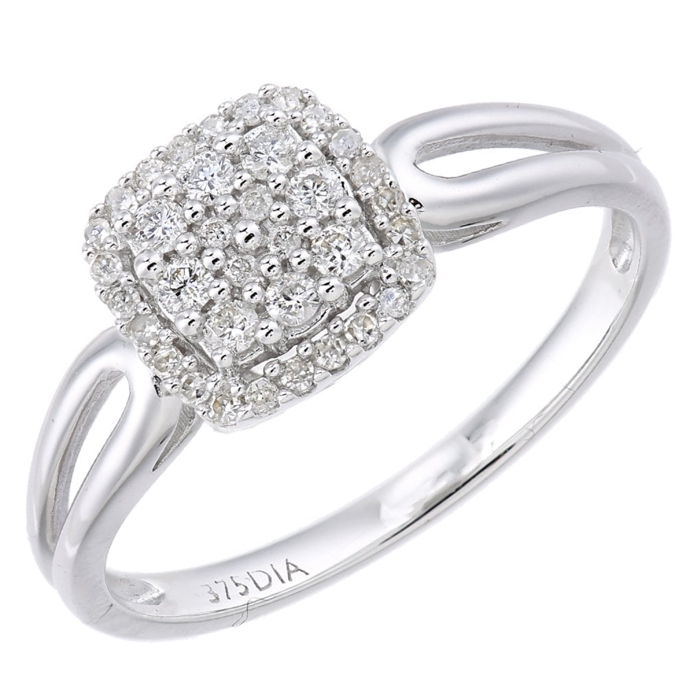 SPARKLD  9ct White Gold Women Round Diamond Engagement Halo Ring