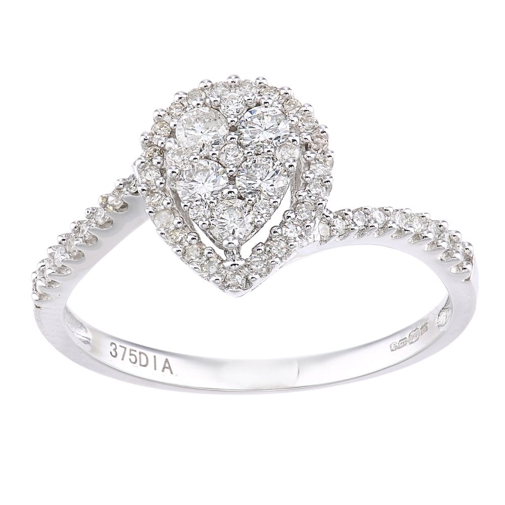 SPARKLD 9ct White Gold Teardrop 0.40ct Halo Diamond Twist Engagement Ring