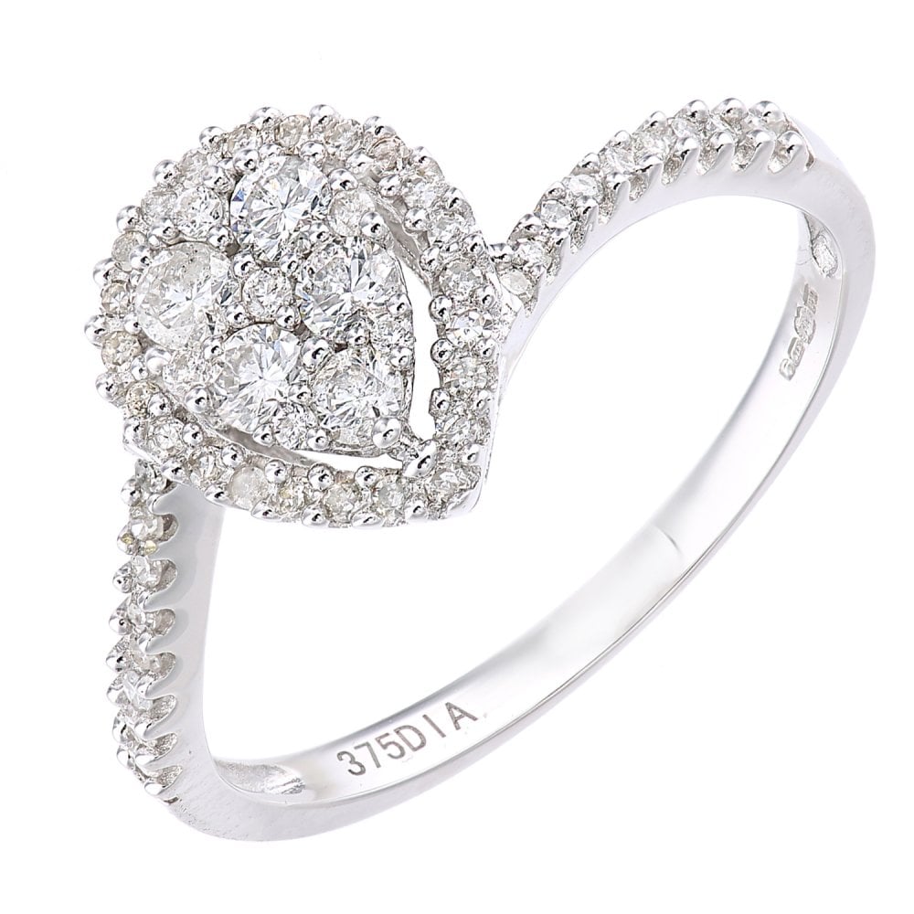 SPARKLD 9ct White Gold Teardrop 0.40ct Halo Diamond Twist Engagement Ring