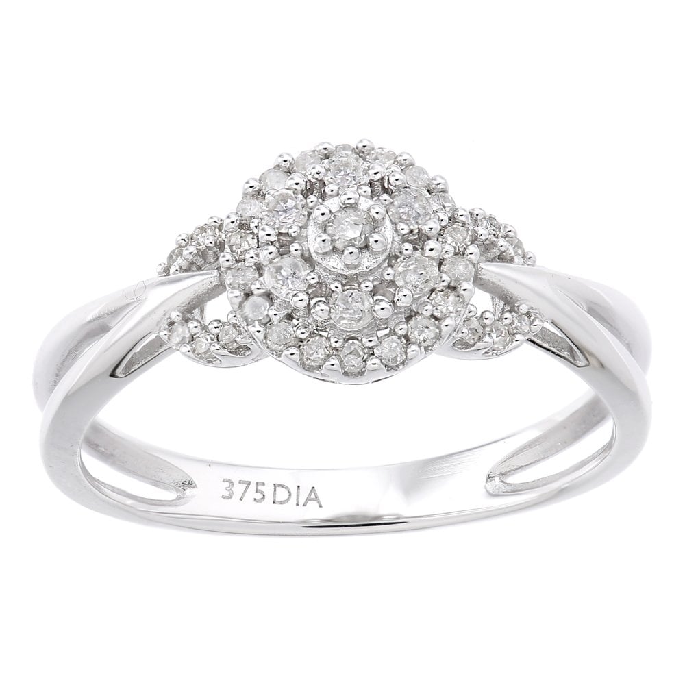 SPARKLD  9ct White Gold Women Round Diamond Engagement Halo Ring