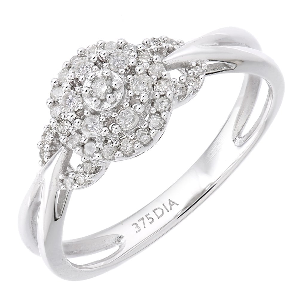 SPARKLD  9ct White Gold Women Round Diamond Engagement Halo Ring