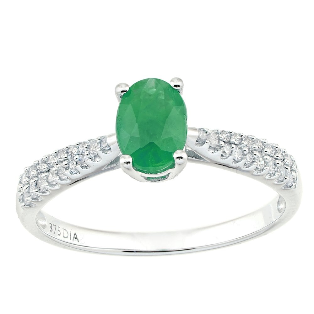 SPARKLD  9ct White Gold Women Oval Emerald Engagement Ring