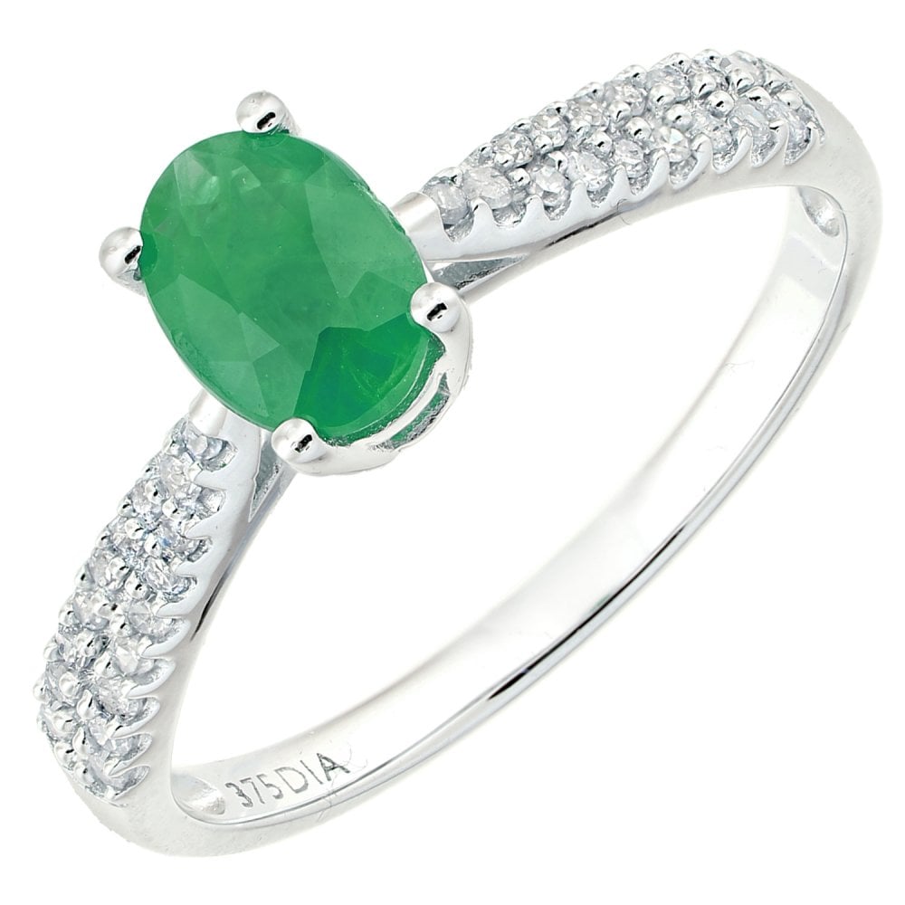 SPARKLD  9ct White Gold Women Oval Emerald Engagement Ring