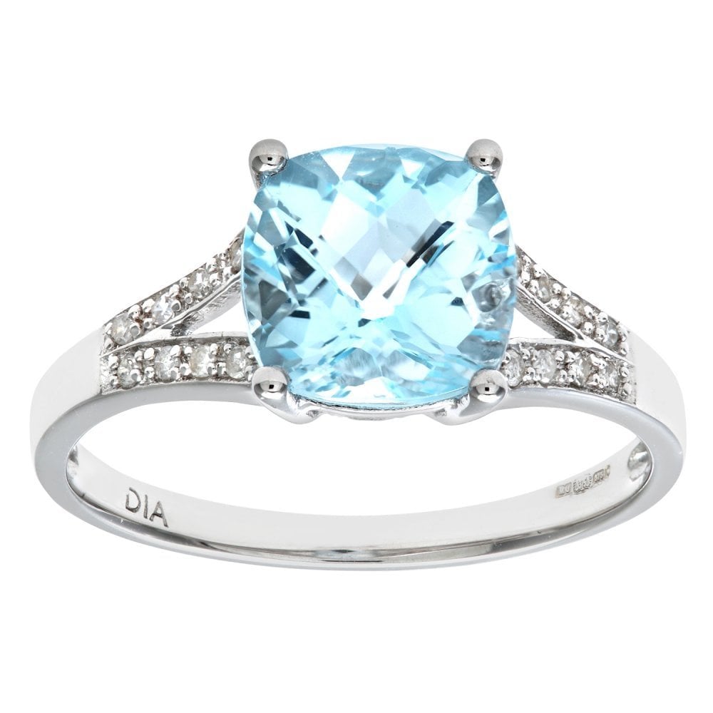 SPARKLD 9ct White Gold Cushion Cut Blue Topaz Ring With Diamond Shoulders