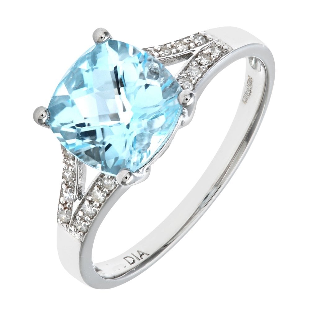 SPARKLD 9ct White Gold Cushion Cut Blue Topaz Ring With Diamond Shoulders