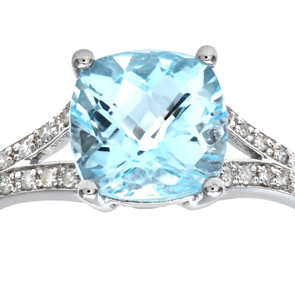 SPARKLD 9ct White Gold Cushion Cut Blue Topaz Ring With Diamond Shoulders